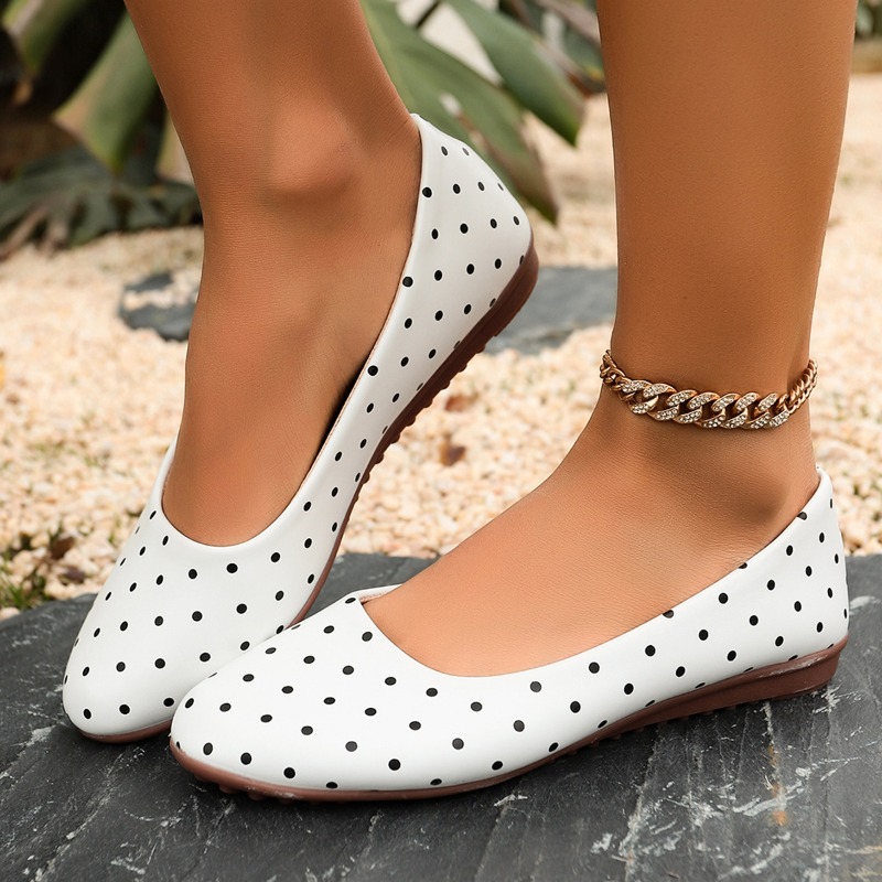 Shoes For Women Flats - 여성용 흰색 물방울 무늬 플랫 슈즈,