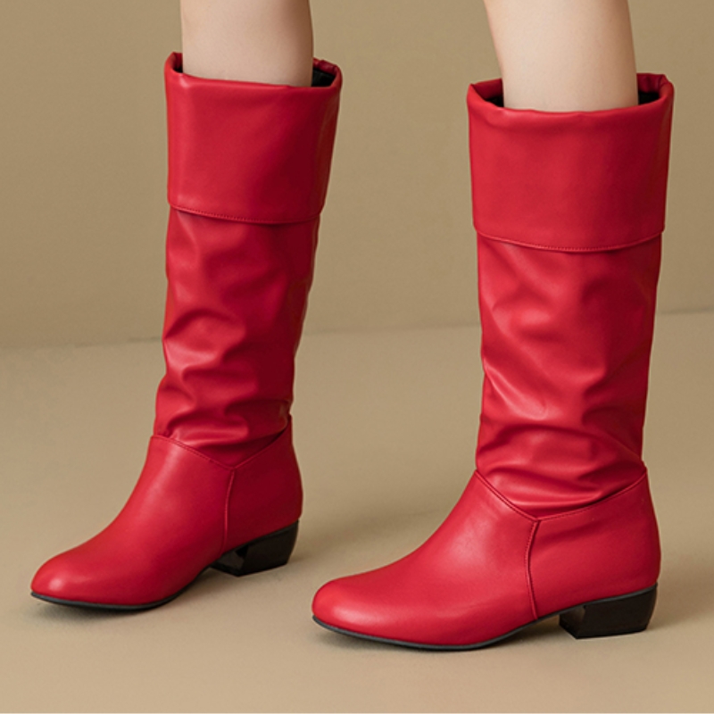 Women Shoes Waterproof - 슬립온 니하이 부츠 플리츠 가을 신발