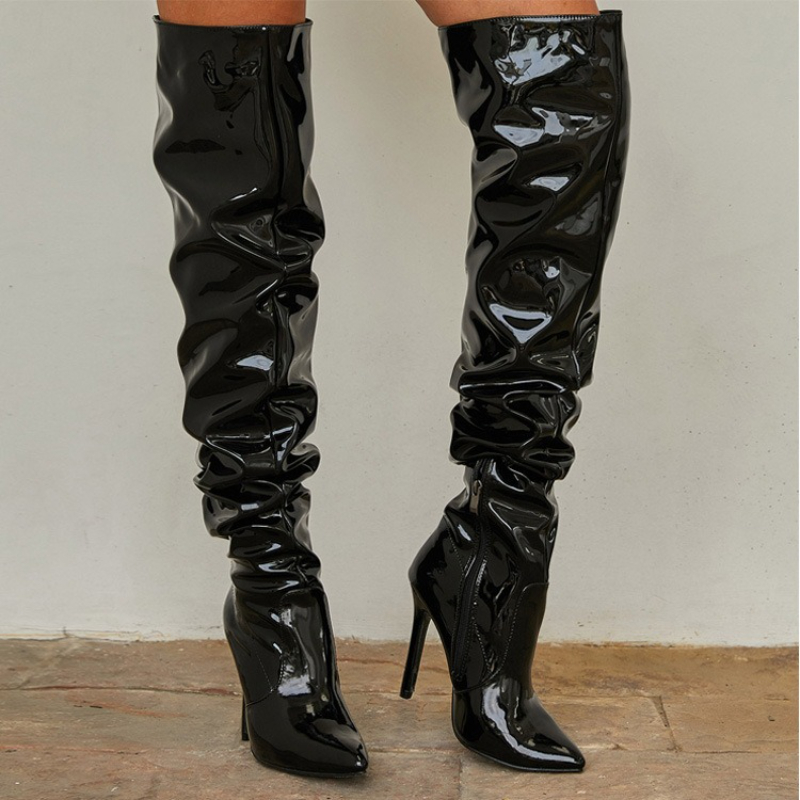 Patent Leather Pump - 여성용 니하이 부츠, 광택 주름 장식