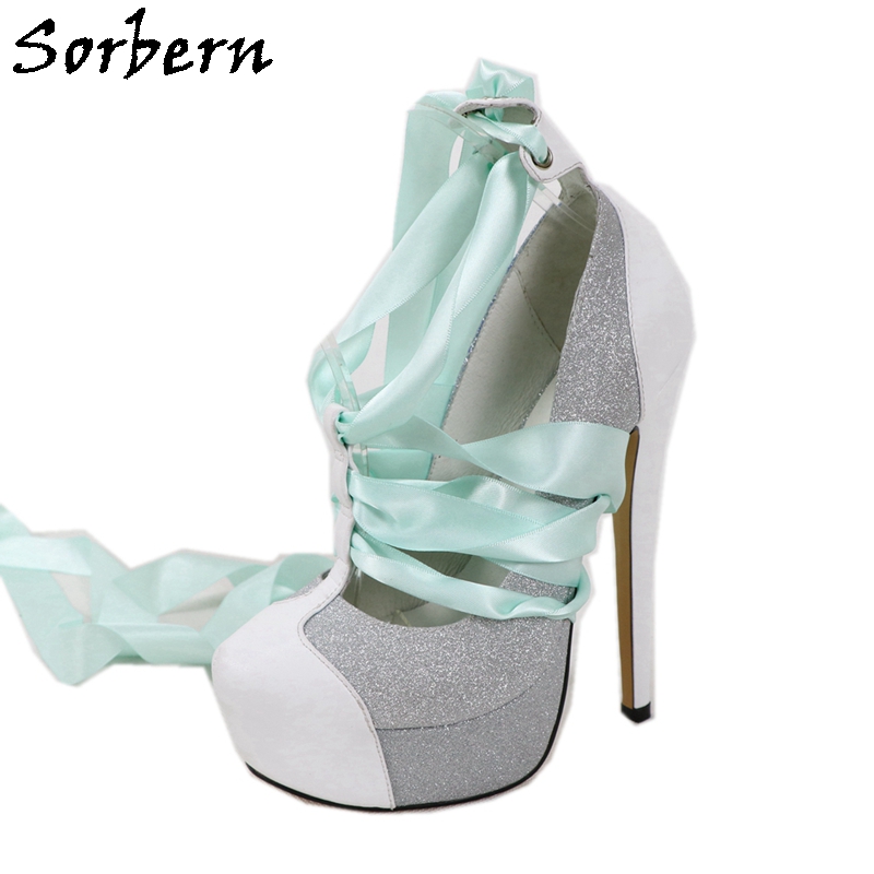 Ribbon Tie Heel - Sorbern 화이트 진짜 가죽 여성 펌프