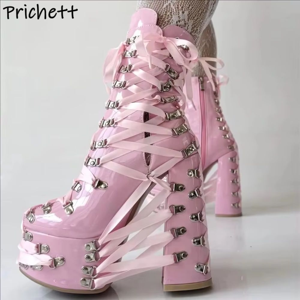 Ribbon Tie Heel - 블랙핑크 크로스 타이 앵클 부츠 리본