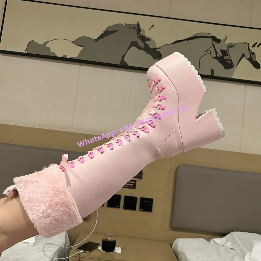 Ribbon Tie Heel - 핑크 퍼 부츠 두꺼운 밑창 가죽
