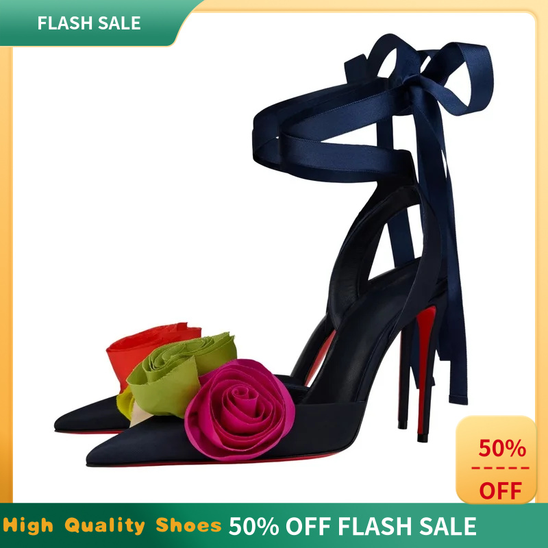 Ribbon Tie Heel - 여성 고급스러운 우아한 플로랄 새틴 포인티드