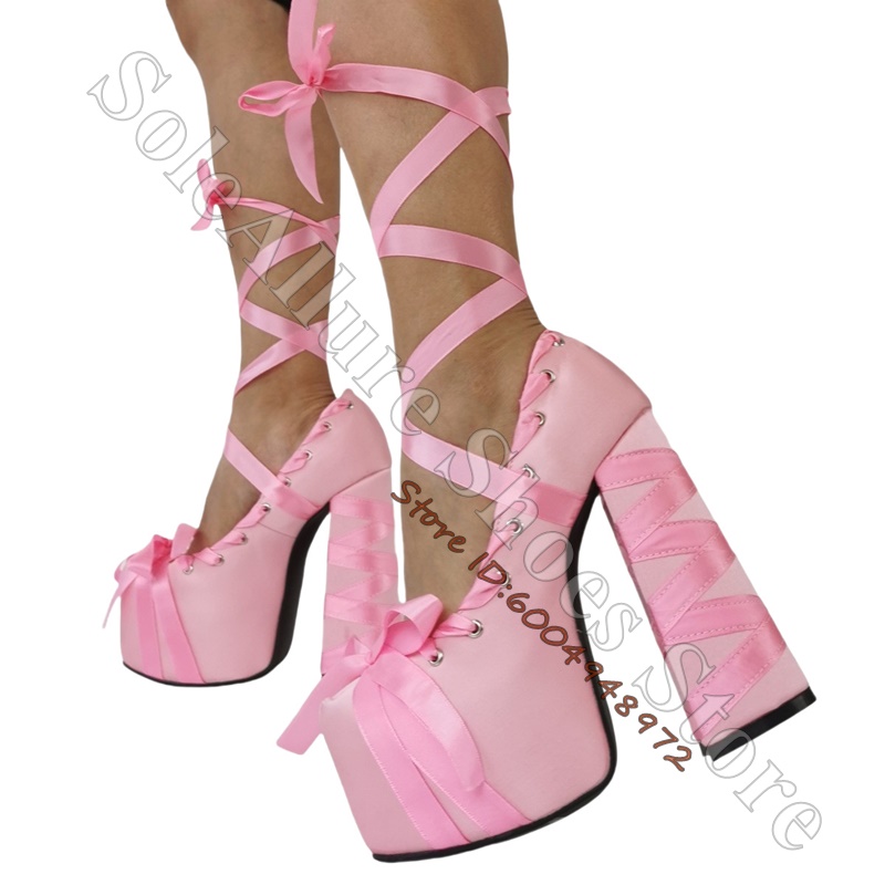 새틴 리본 랩 플랫폼 블록 힐 토 보우 레이스업 레그  - Ribbon Tie Heel 리뷰 및 가격