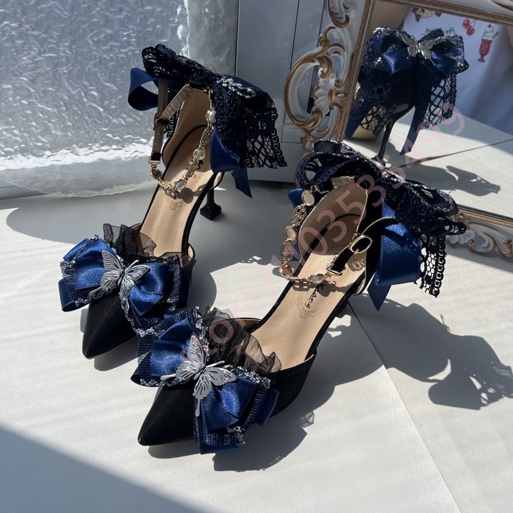2026 새틴 포인티드 토 힐 네이비 블루 레이스 보우 - Women'S Shoes Navy Blue 리뷰 및 가격
