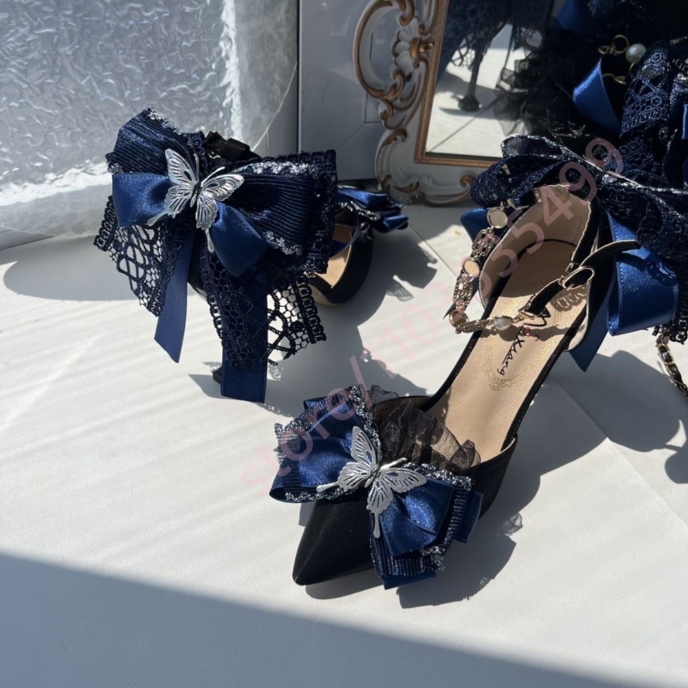 2026 새틴 포인티드 토 힐 네이비 블루 레이스 보우 - Women'S Shoes Navy Blue 리뷰 및 가격