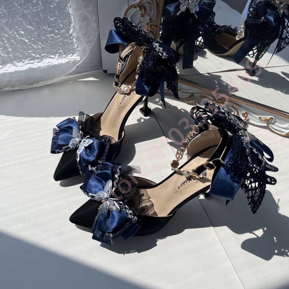 2026 새틴 포인티드 토 힐 네이비 블루 레이스 보우 - Women'S Shoes Navy Blue 리뷰 및 가격