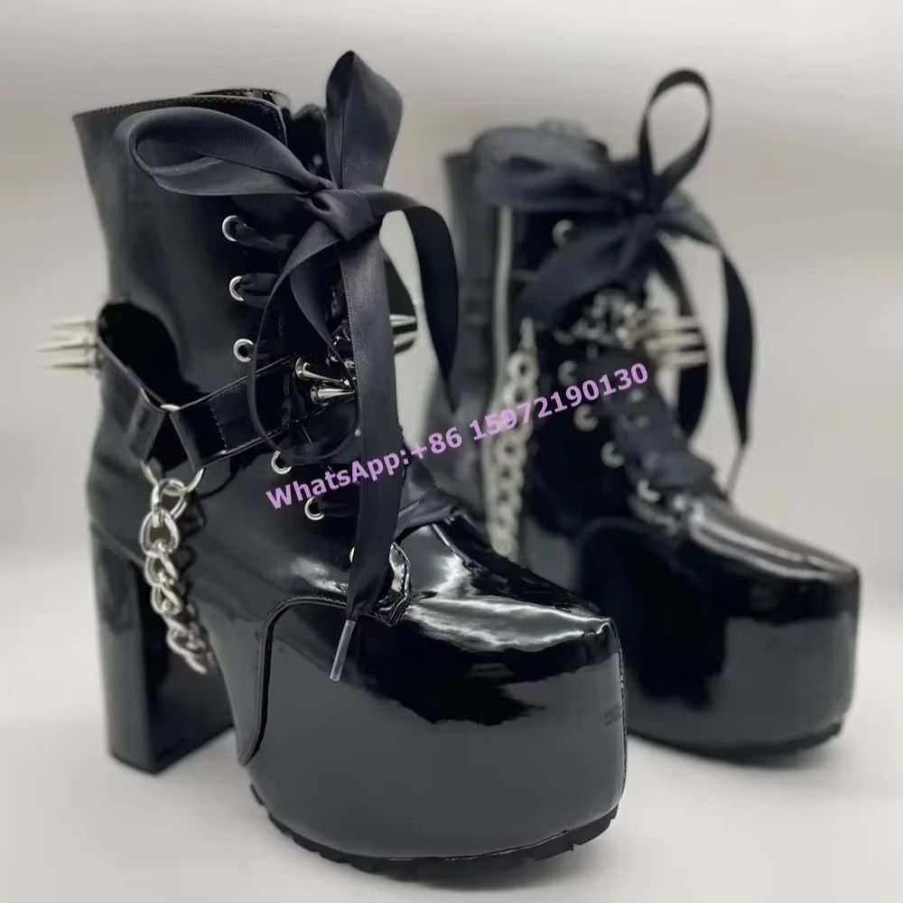 리본 묶인 리벳 블랙 부츠 다크 펑크 메탈 체인 록 럭 - Ribbon Tie Heel 리뷰 및 가격