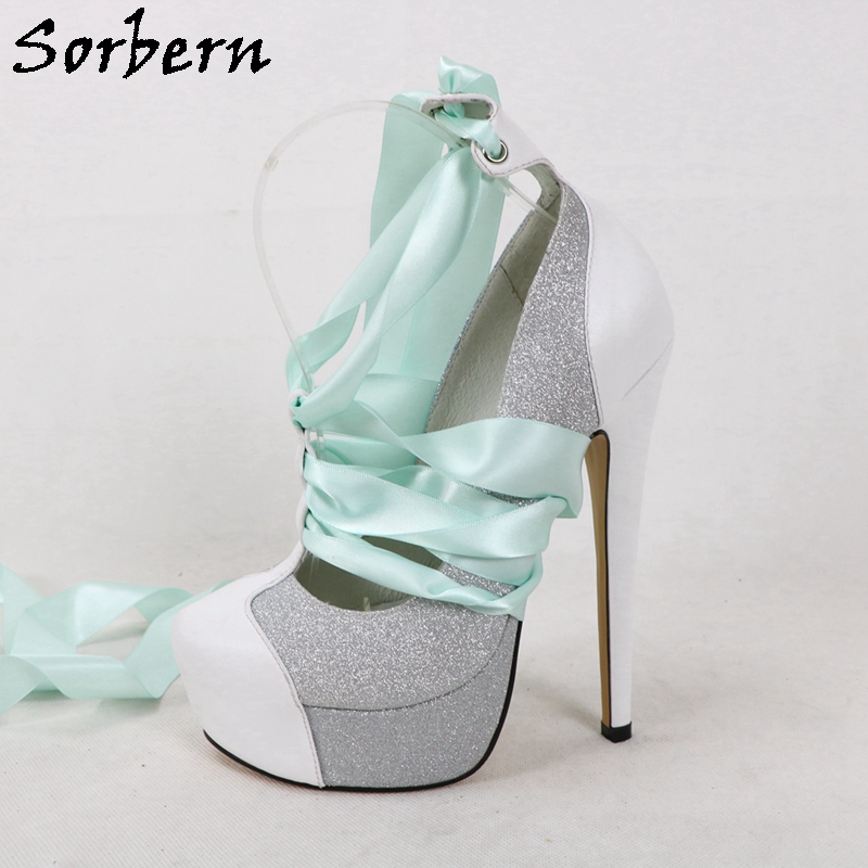 Sorbern 화이트 진짜 가죽 여성 펌프 반짝이 실버 - Ribbon Tie Heel 리뷰 및 가격