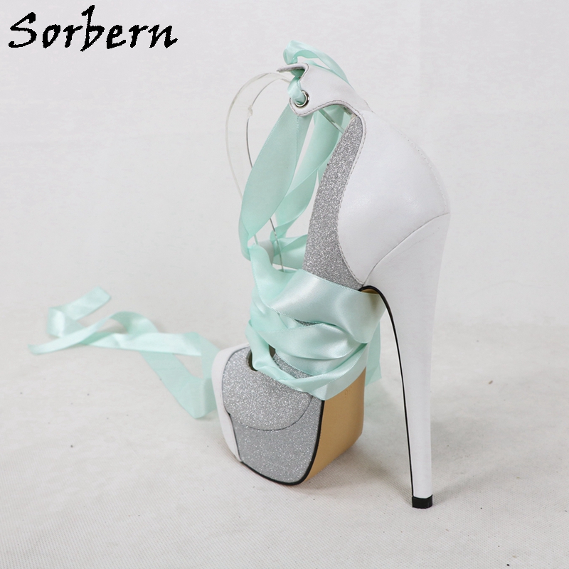 Sorbern 화이트 진짜 가죽 여성 펌프 반짝이 실버 - Ribbon Tie Heel 리뷰 및 가격