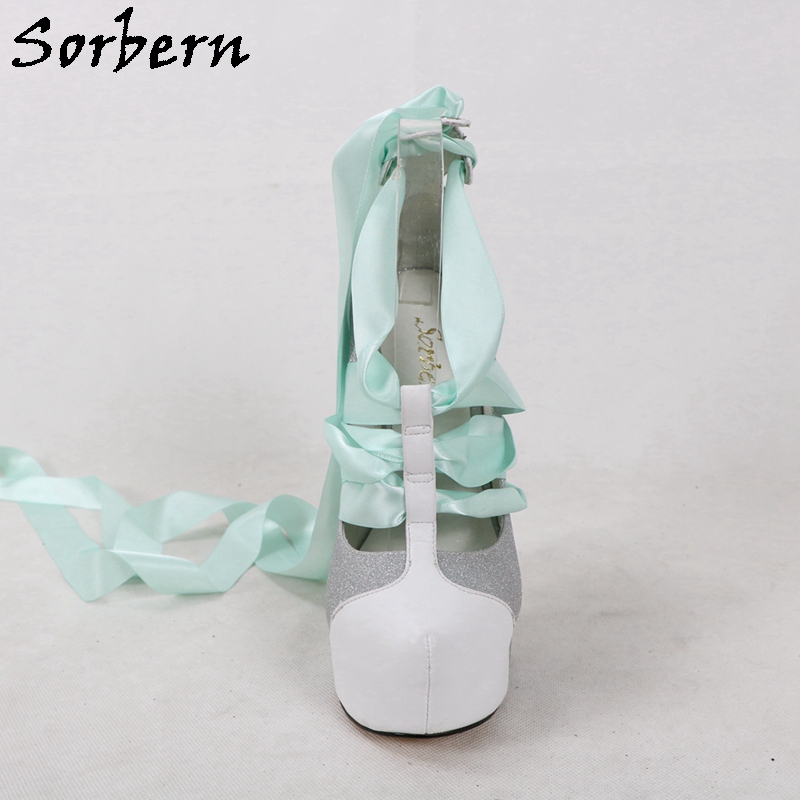Sorbern 화이트 진짜 가죽 여성 펌프 반짝이 실버 - Ribbon Tie Heel 리뷰 및 가격