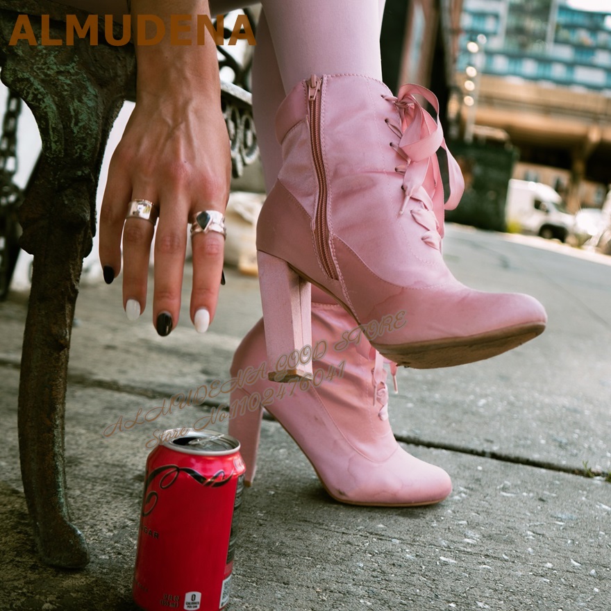 ALMUDENA 핑크 새틴 청키 힐 앵클 부츠 패딩 칼 - Ribbon Tie Heel 리뷰 및 가격