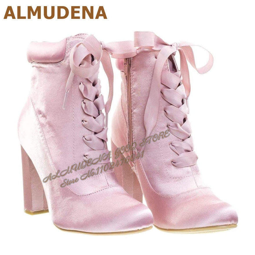 ALMUDENA 핑크 새틴 청키 힐 앵클 부츠 패딩 칼 - Ribbon Tie Heel 리뷰 및 가격