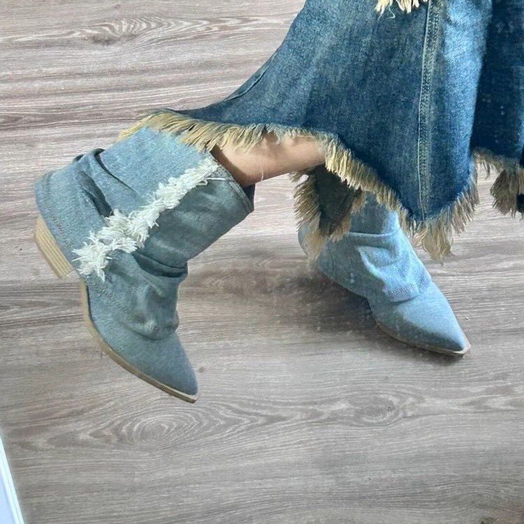 여성용 플리츠 데님 앵클 부츠, 포인티드 토, 두꺼운  - Women'S Shoes Navy Blue 리뷰 및 가격