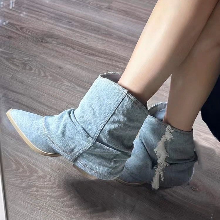 여성용 플리츠 데님 앵클 부츠, 포인티드 토, 두꺼운  - Women'S Shoes Navy Blue 리뷰 및 가격