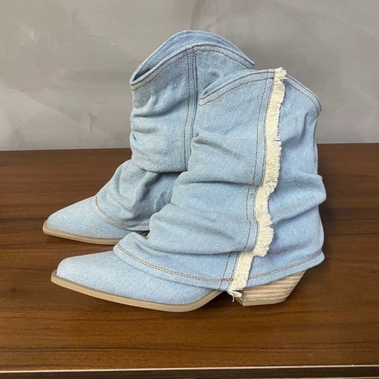여성용 플리츠 데님 앵클 부츠, 포인티드 토, 두꺼운  - Women'S Shoes Navy Blue 리뷰 및 가격