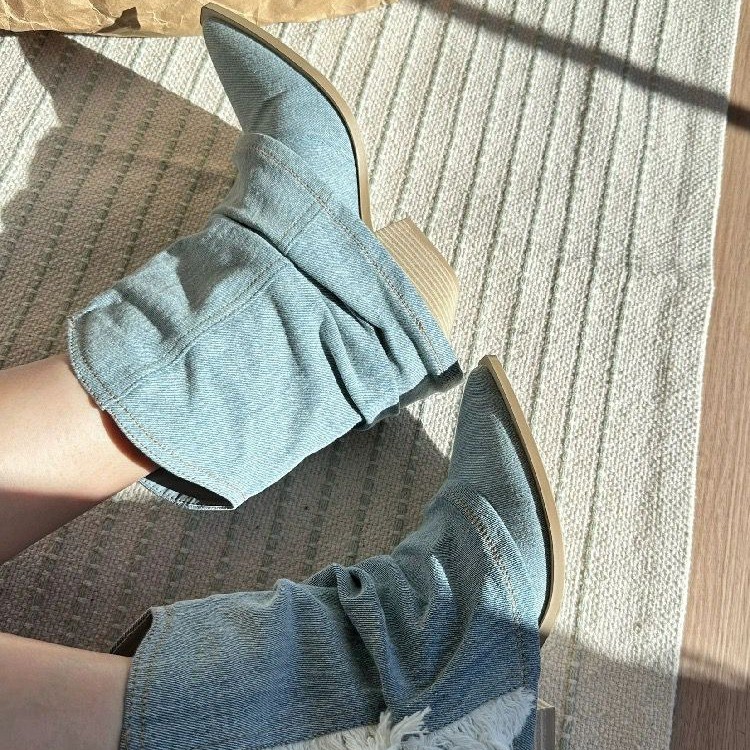 여성용 플리츠 데님 앵클 부츠, 포인티드 토, 두꺼운  - Women'S Shoes Navy Blue 리뷰 및 가격