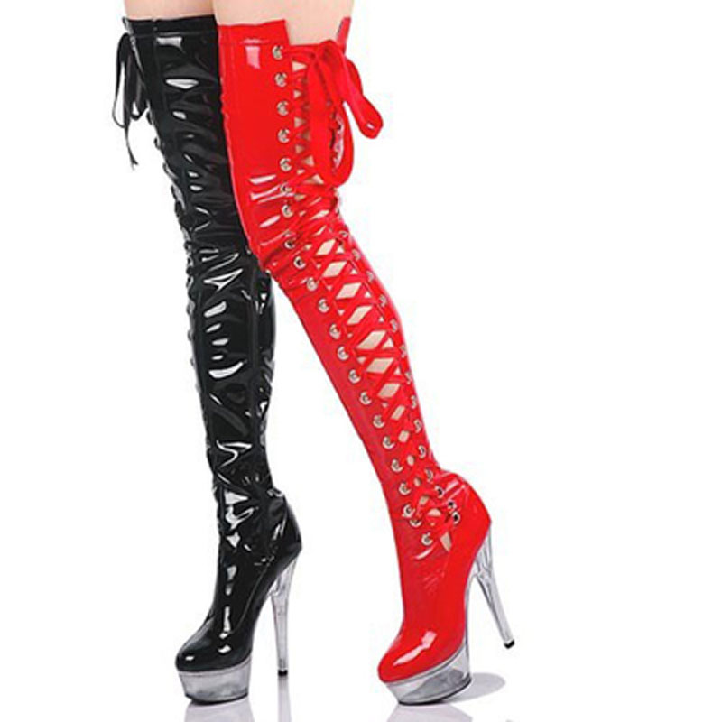핑크 에나멜 가죽 투명 플랫폼 울트라 힐 허벅지 부츠  - Ribbon Tie Heel 리뷰 및 가격