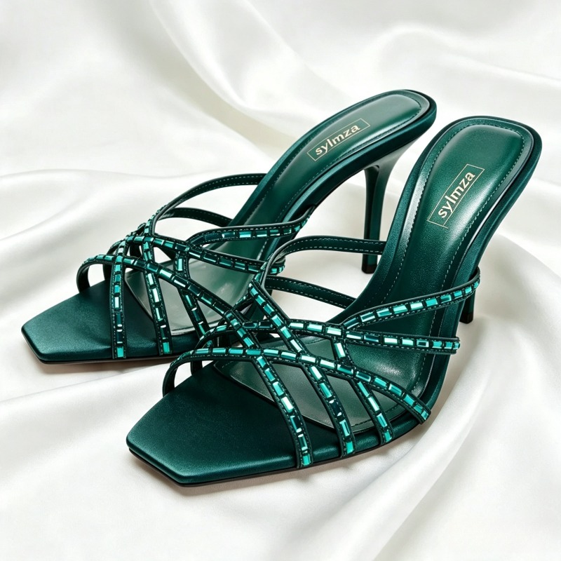 독특한 공작 블루 크리스탈 디테일 힐 샌들 여성 패션  - Women'S Shoes Navy Blue 리뷰 및 가격