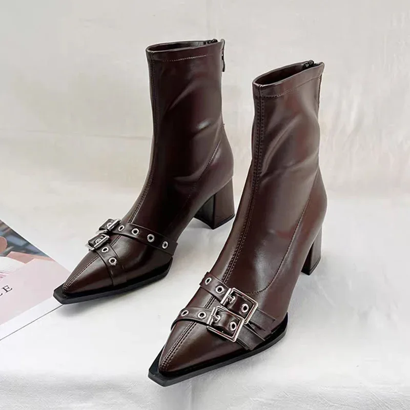 하이힐 앵클 부츠 여성 청키 포인티드 토 가죽 신발 여 - Women'S Shoes Trending 2025 리뷰 및 가격