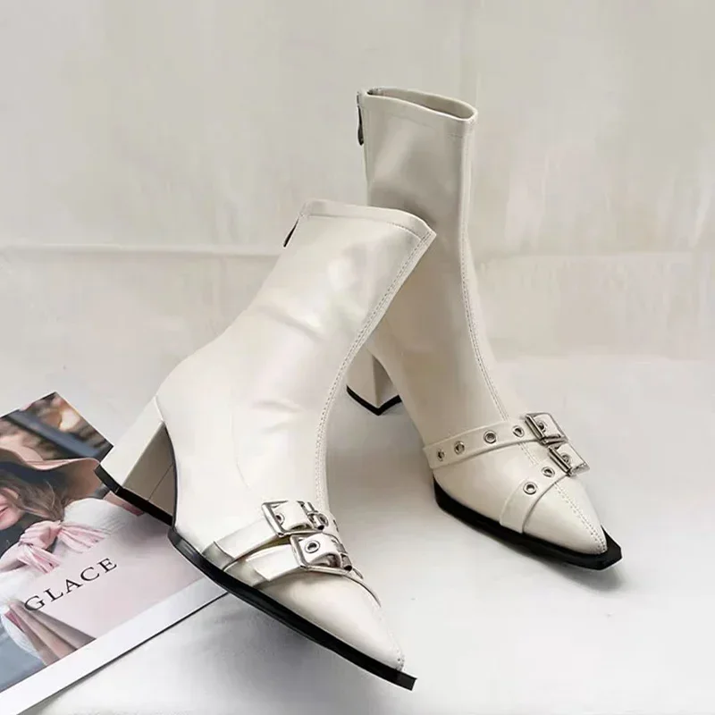 하이힐 앵클 부츠 여성 청키 포인티드 토 가죽 신발 여 - Women'S Shoes Trending 2025 리뷰 및 가격