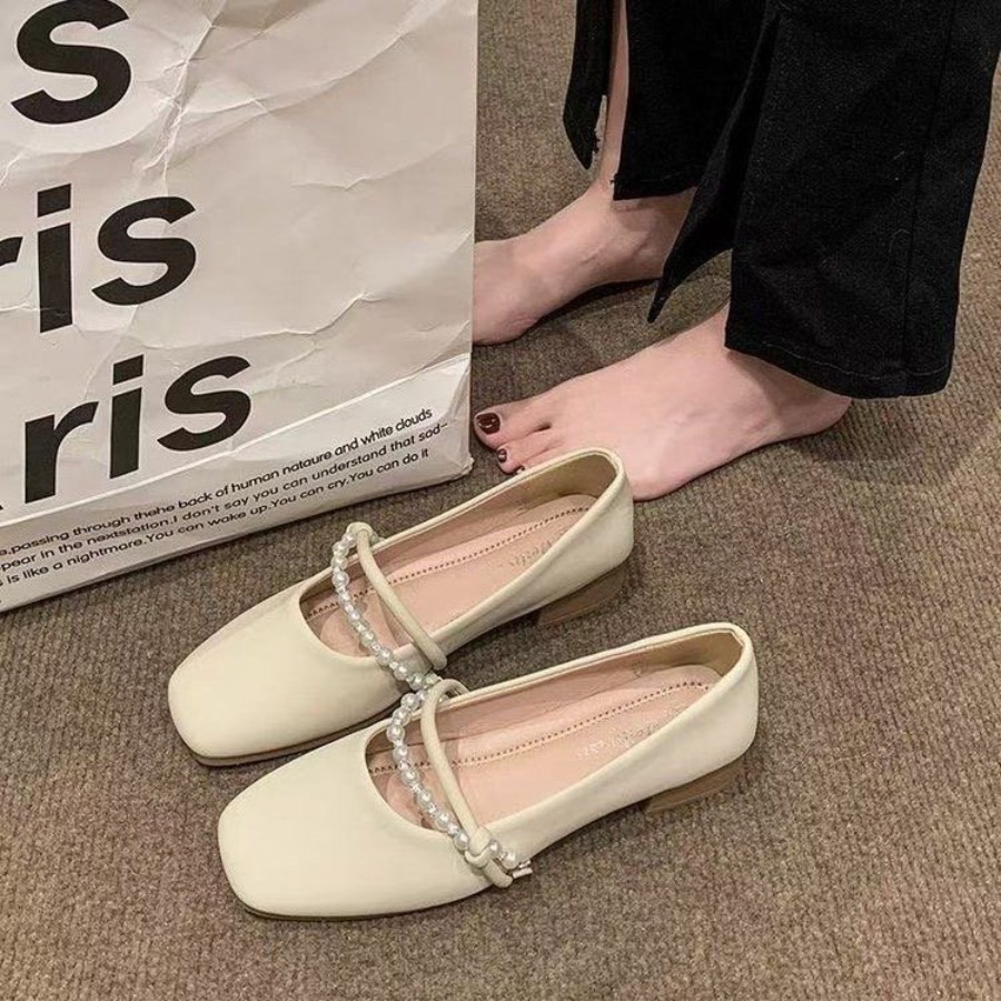 새로운 우아한 프랑스 플랫 슈즈 진주 장식 얕은 입구  - Shoes For Women Flats 리뷰 및 가격
