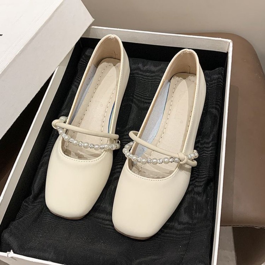 새로운 우아한 프랑스 플랫 슈즈 진주 장식 얕은 입구  - Shoes For Women Flats 리뷰 및 가격