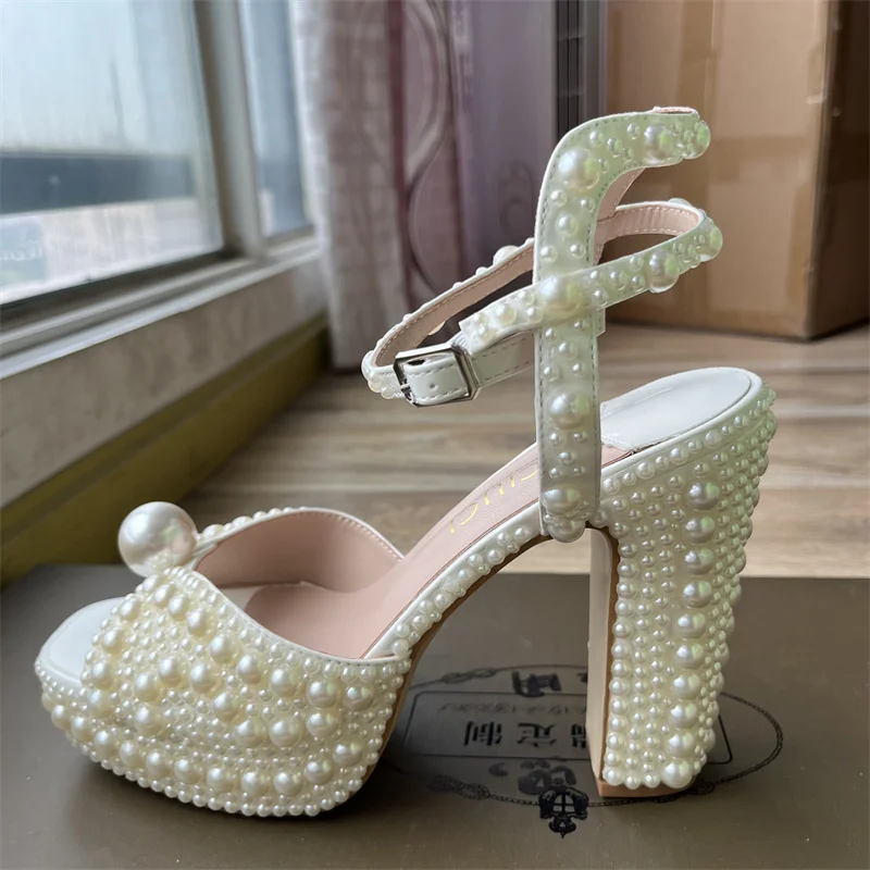 럭셔리 브랜드 여성 신발 완전 수제 진주 두꺼운 굽 샌 - Women Shoes Waterproof 리뷰 및 가격