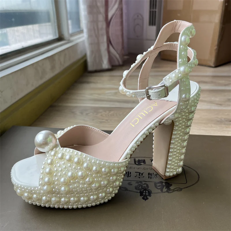 럭셔리 브랜드 여성 신발 완전 수제 진주 두꺼운 굽 샌 - Women Shoes Waterproof 리뷰 및 가격