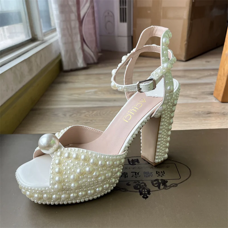럭셔리 브랜드 여성 신발 완전 수제 진주 두꺼운 굽 샌 - Women Shoes Waterproof 리뷰 및 가격