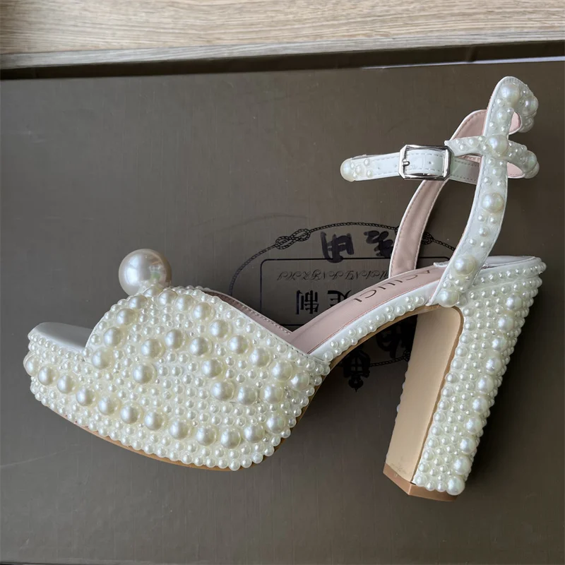 럭셔리 브랜드 여성 신발 완전 수제 진주 두꺼운 굽 샌 - Women Shoes Waterproof 리뷰 및 가격