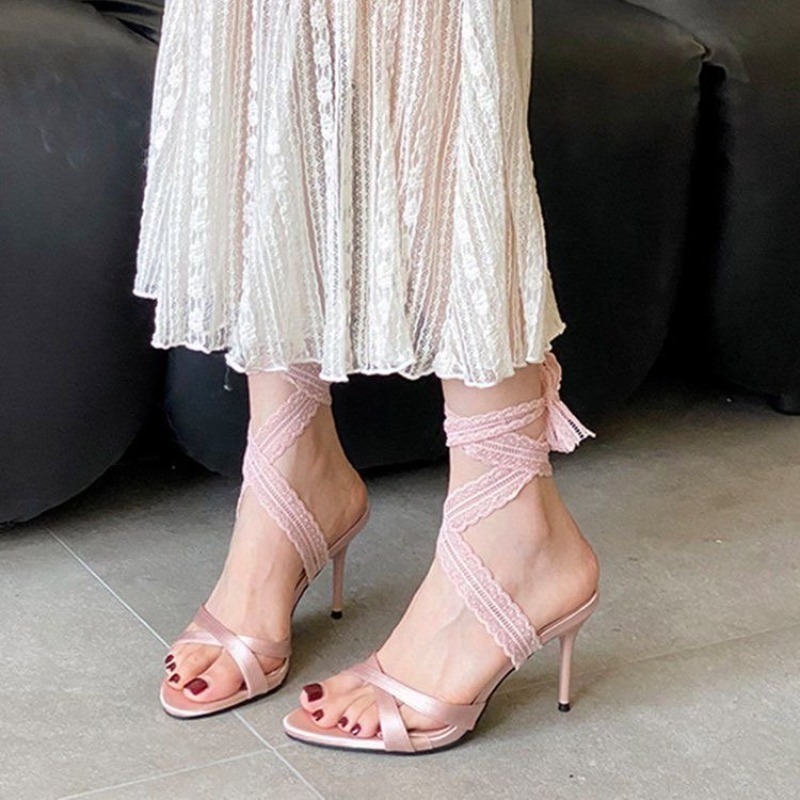 우아한 여성 하이힐 샌들 오픈토 스틸레토 새틴 레이스업 - Ribbon Tie Heel 리뷰 및 가격